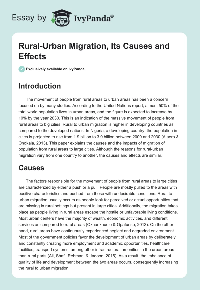 Rural-Urban Migration, Its Causes and Effects. Page 1