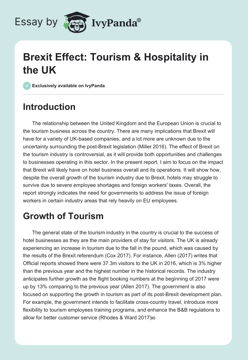 Brexit Effect: Tourism & Hospitality in the UK. Page 1