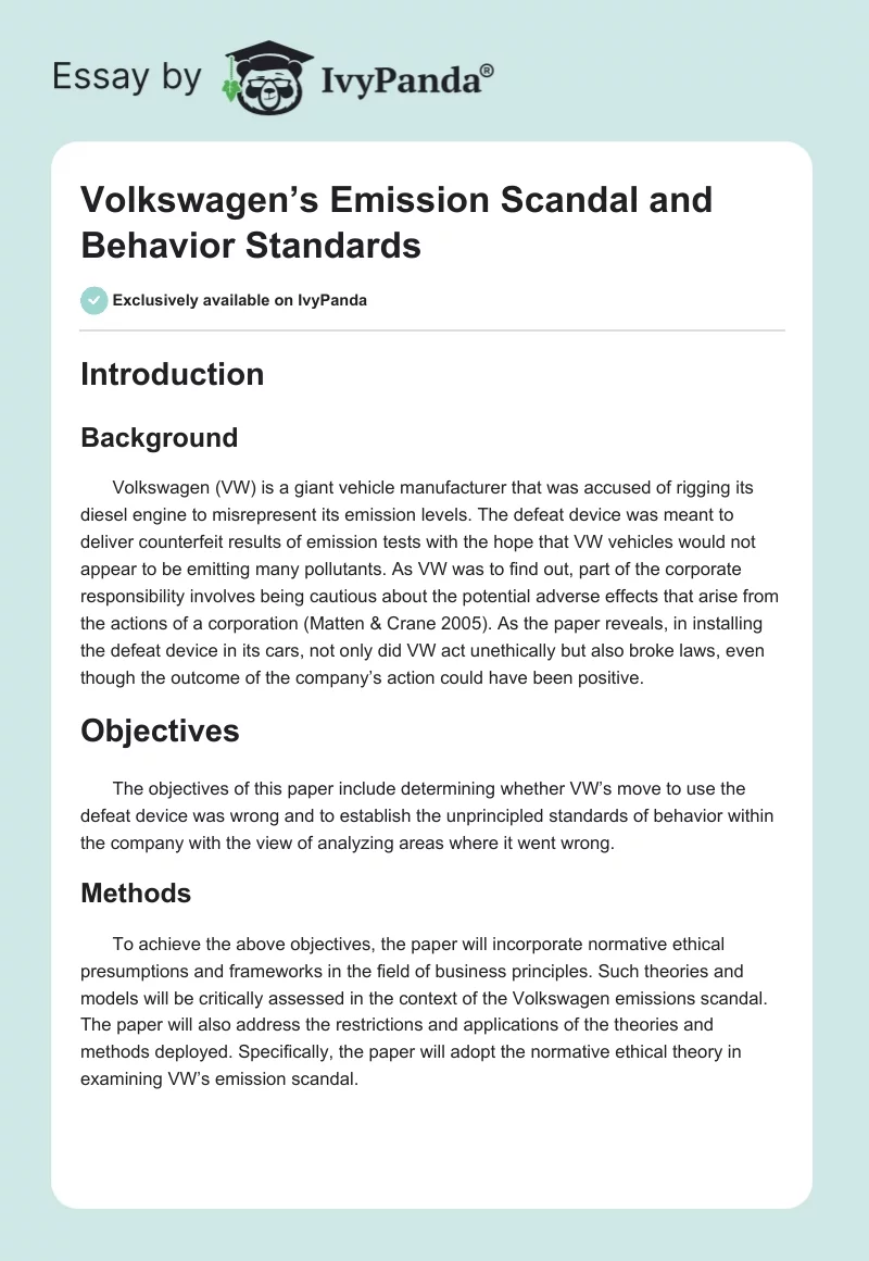 Volkswagen’s Emission Scandal and Behavior Standards. Page 1