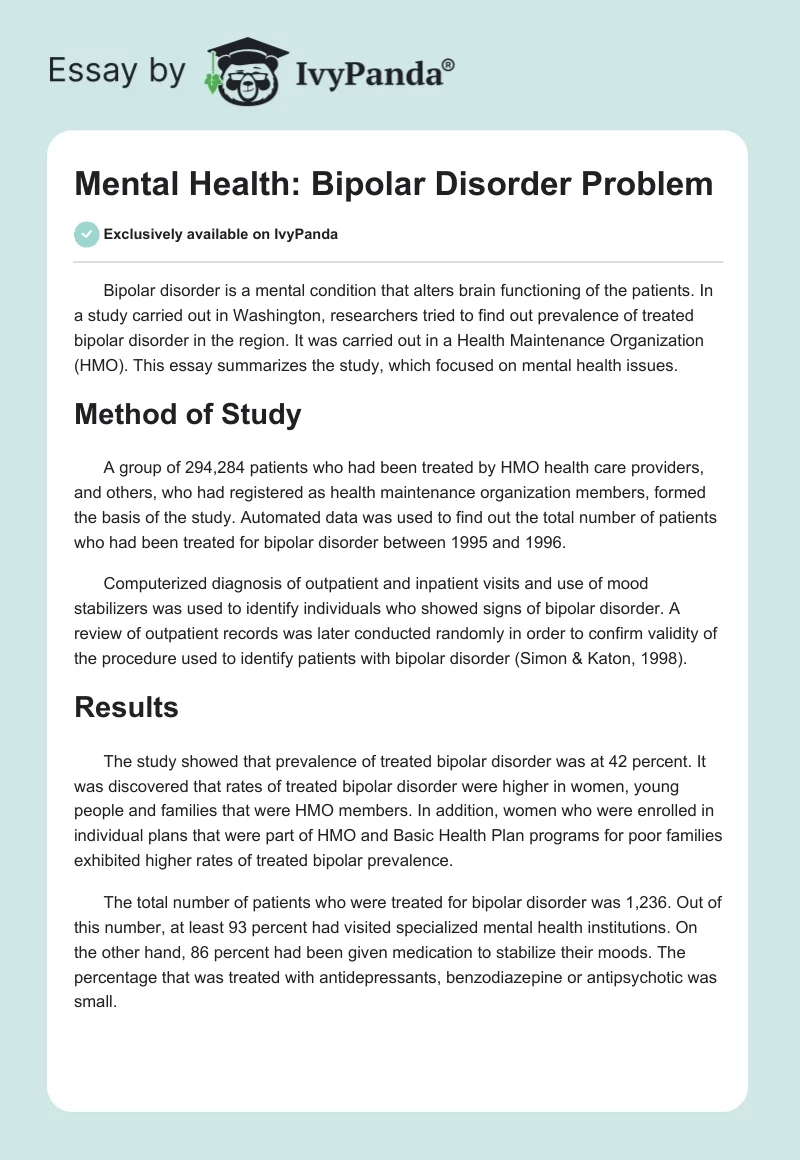 Mental Health: Bipolar Disorder Problem. Page 1