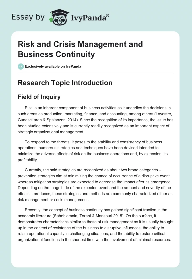 Risk and Crisis Management and Business Continuity. Page 1