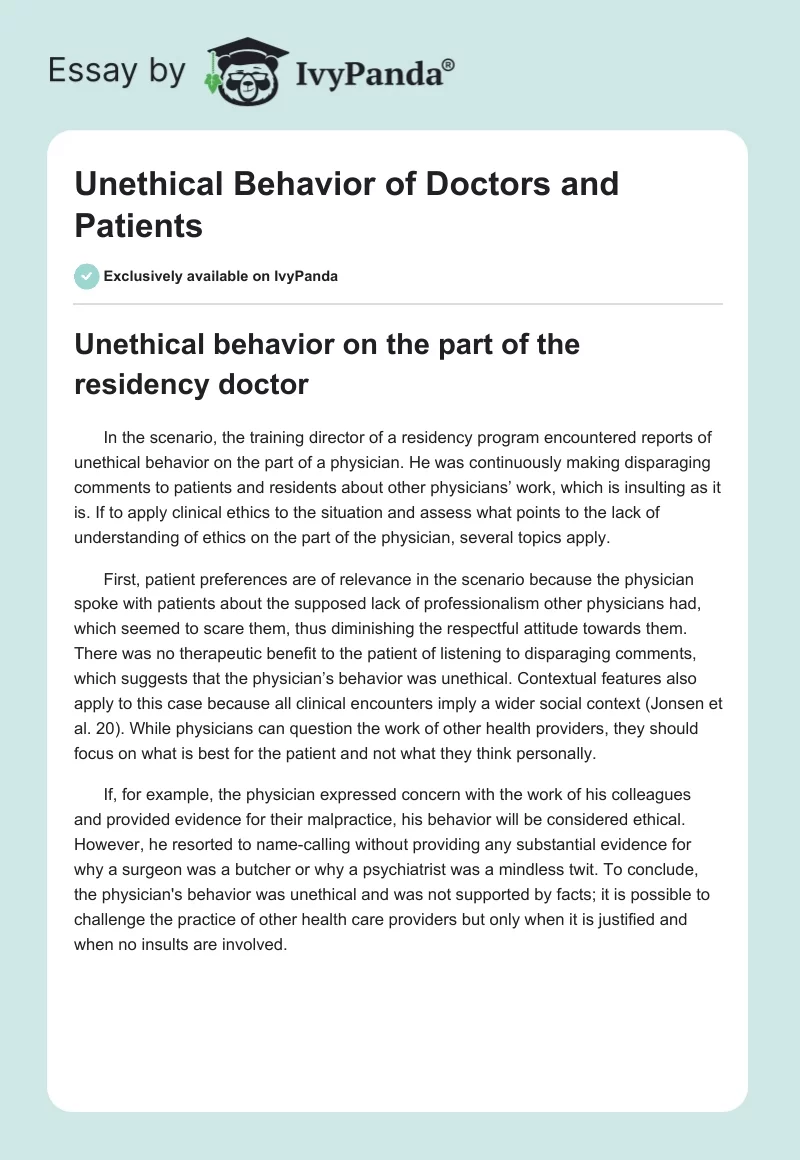 Unethical Behavior of Doctors and Patients. Page 1