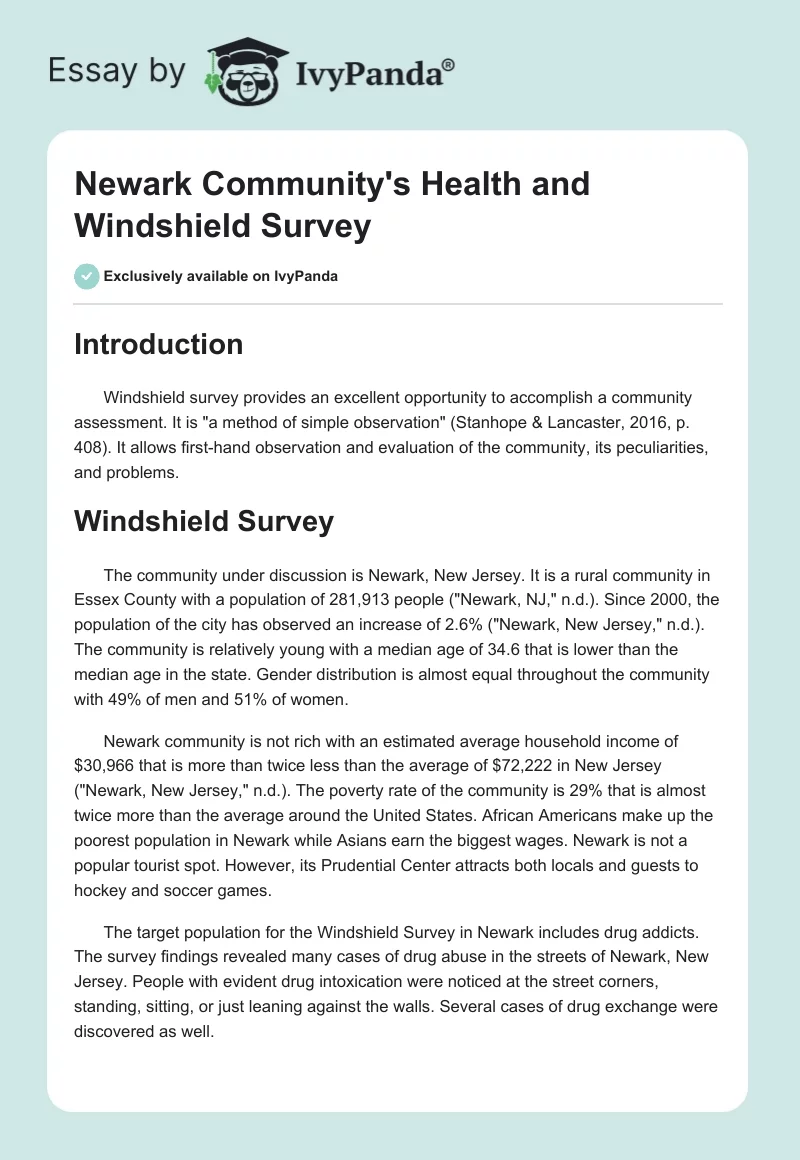 Newark Community's Health and Windshield Survey. Page 1