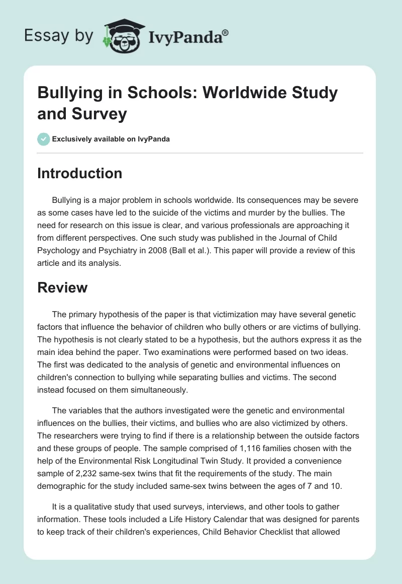 Bullying in Schools: Worldwide Study and Survey. Page 1