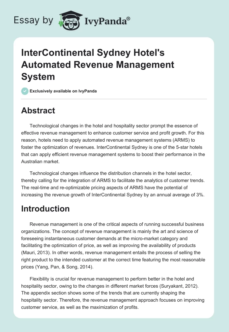 InterContinental Sydney Hotel's Automated Revenue Management System. Page 1