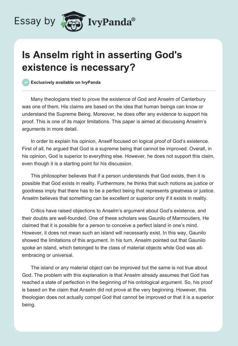 Is Anselm right in asserting God's existence is necessary?. Page 1