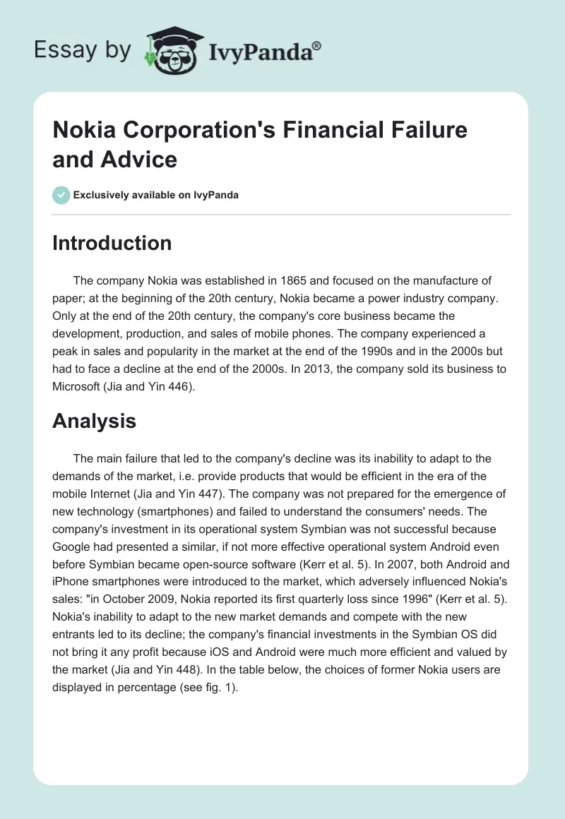 Nokia Corporation's Financial Failure and Advice. Page 1