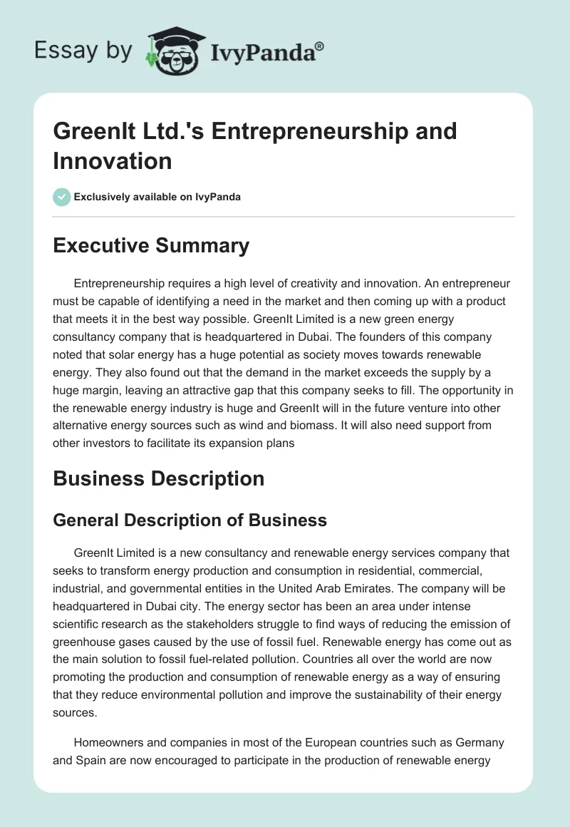 GreenIt Ltd.'s Entrepreneurship and Innovation. Page 1