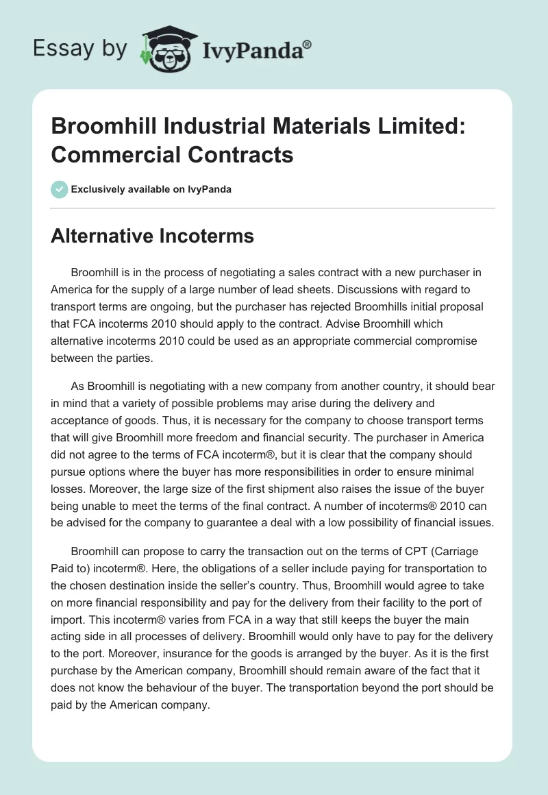 Broomhill Industrial Materials Limited: Commercial Contracts. Page 1