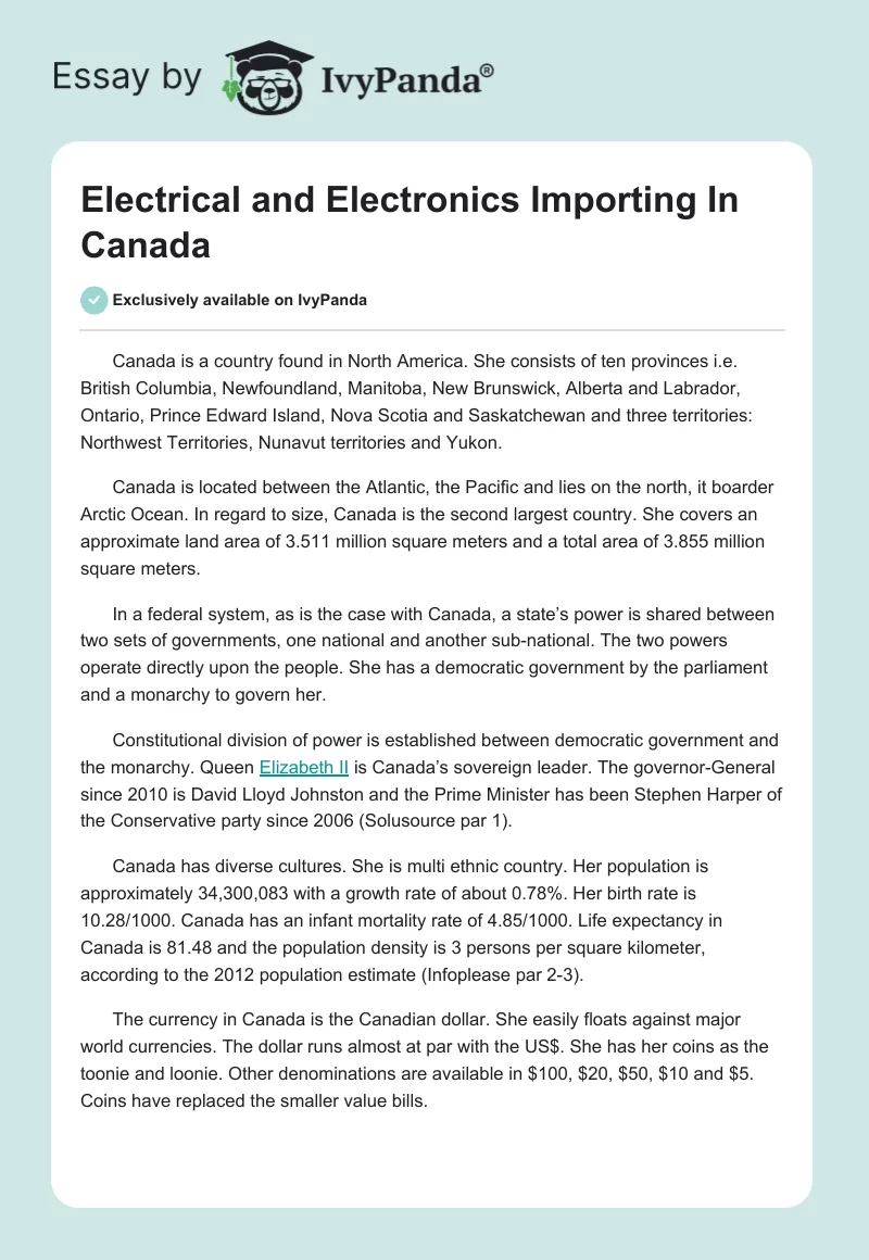 Electrical and Electronics Importing In Canada. Page 1