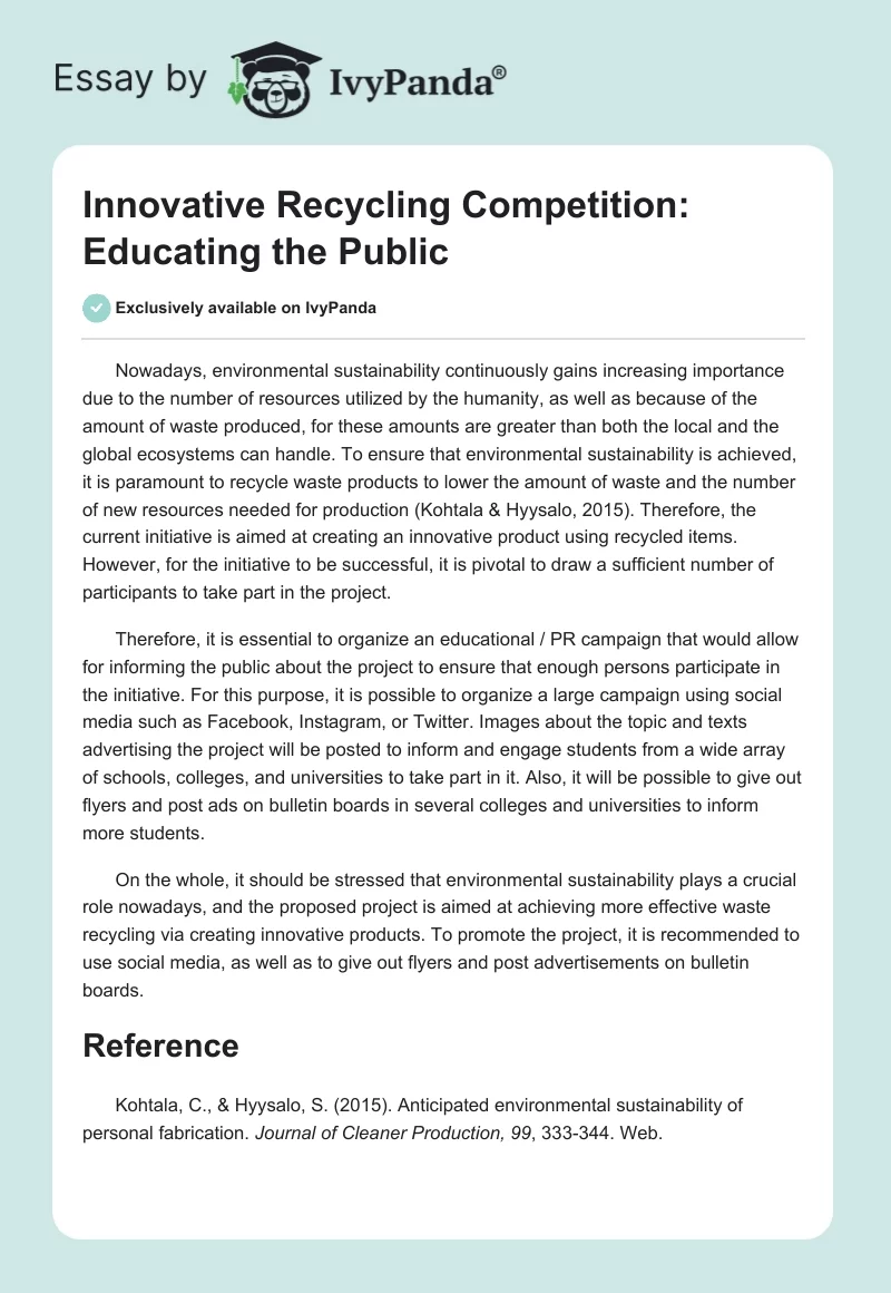 Innovative Recycling Competition: Educating the Public. Page 1