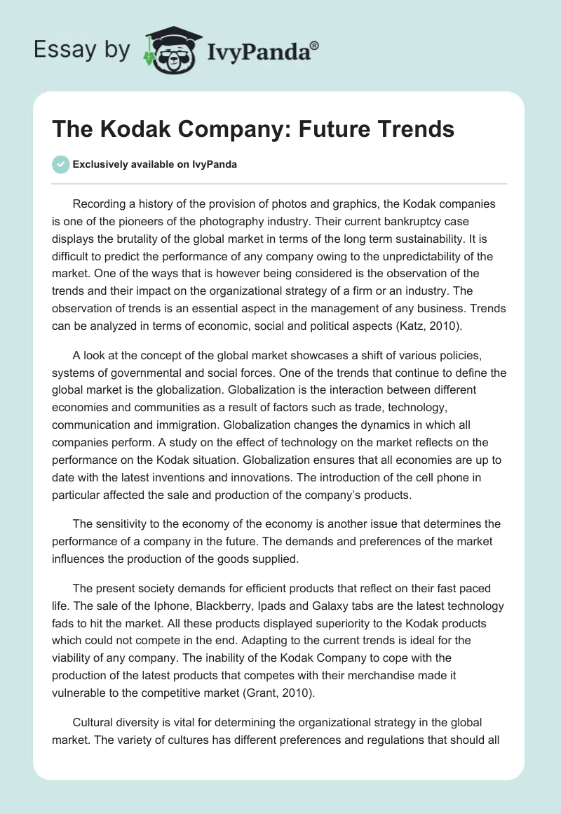 The Kodak Company: Future Trends. Page 1