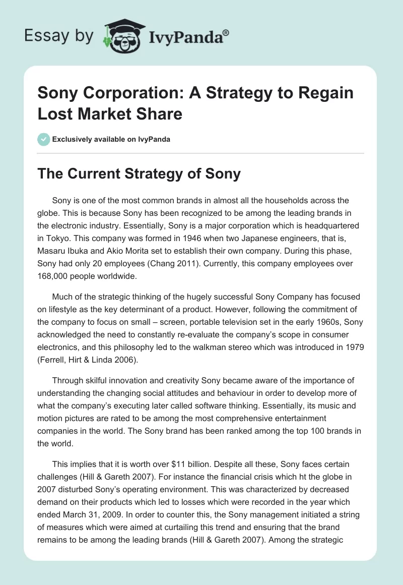 Sony Corporation: A Strategy to Regain Lost Market Share. Page 1