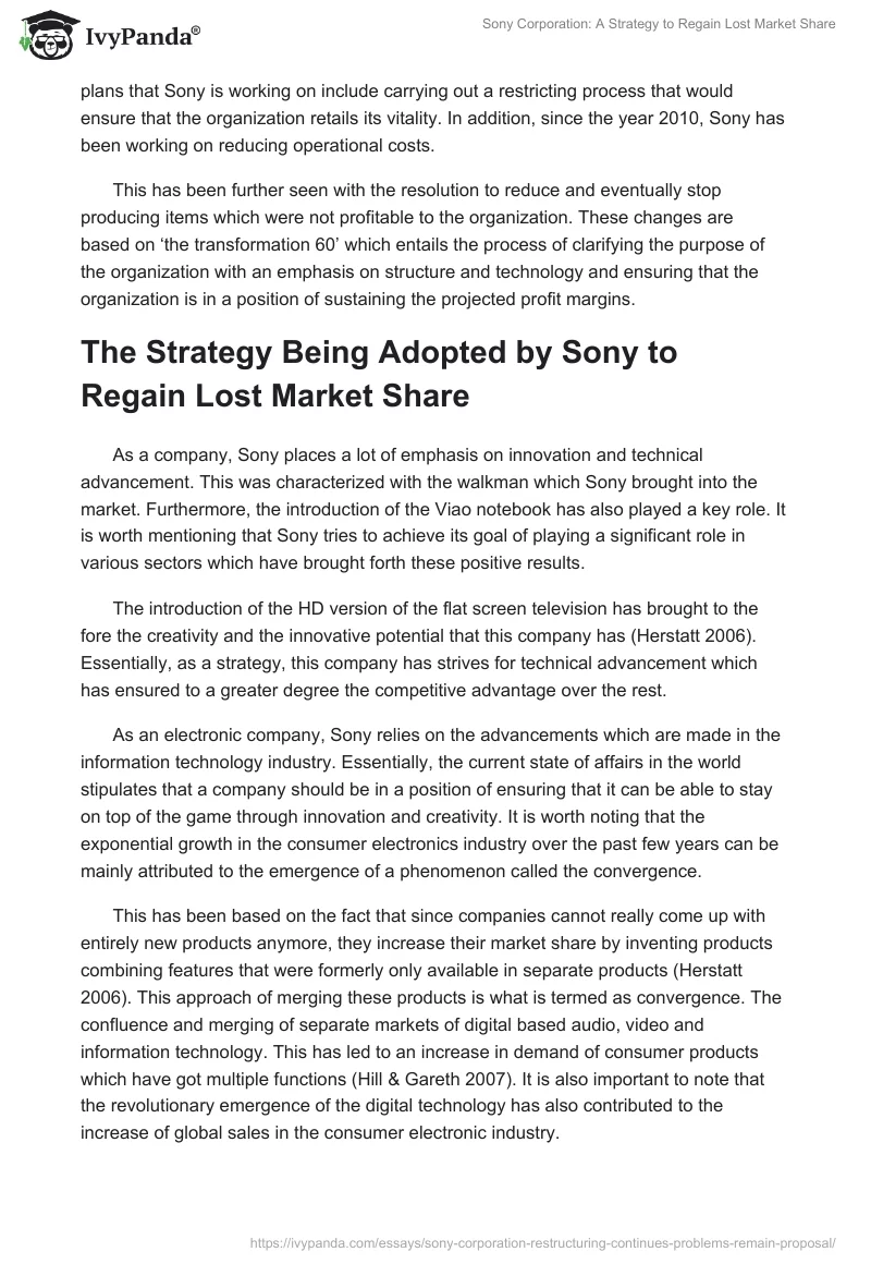 Sony Corporation: A Strategy to Regain Lost Market Share. Page 2