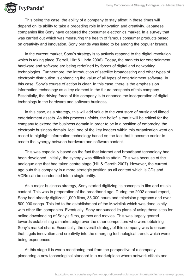 Sony Corporation: A Strategy to Regain Lost Market Share. Page 3