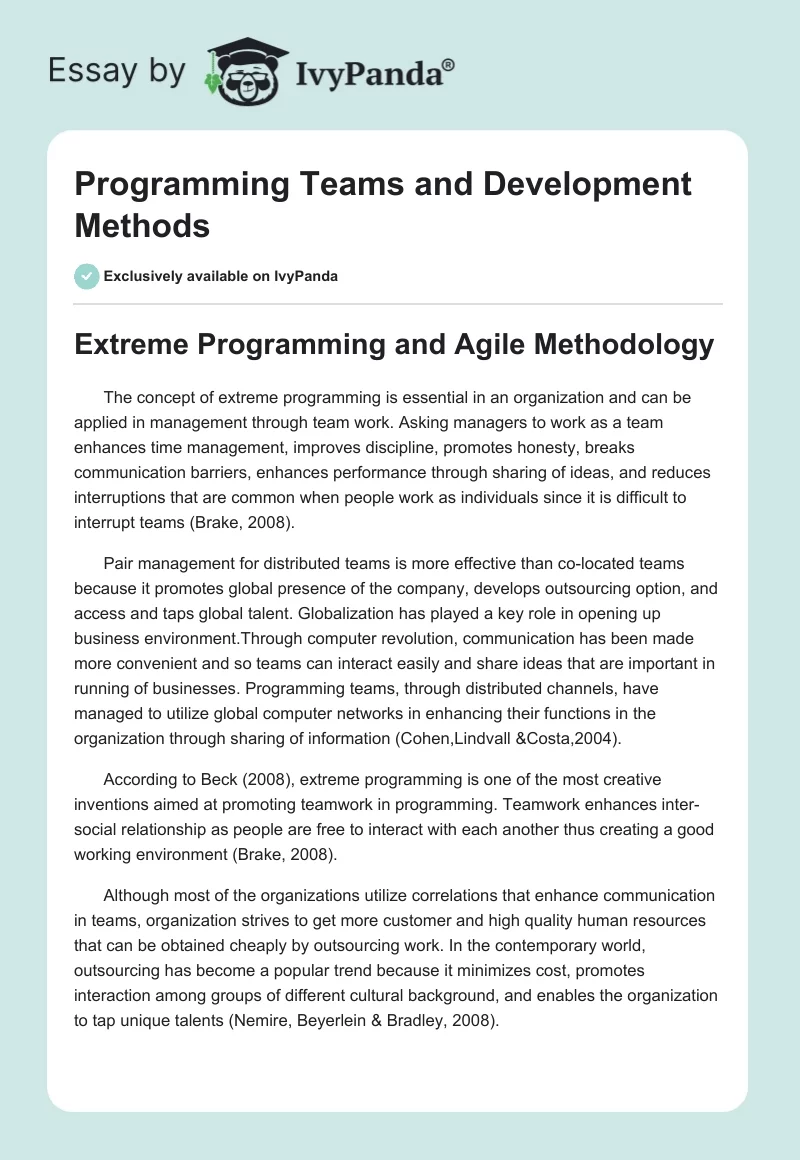 Programming Teams and Development Methods. Page 1