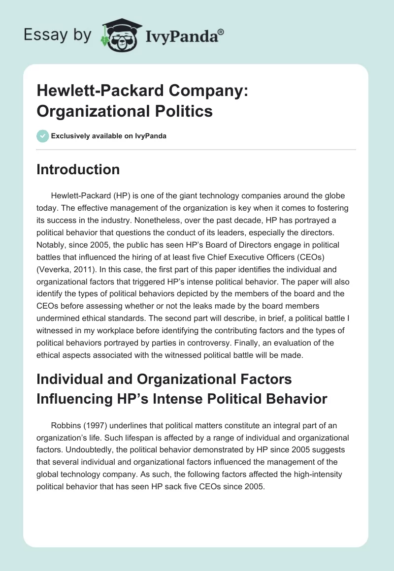 Hewlett-Packard Company: Organizational Politics. Page 1