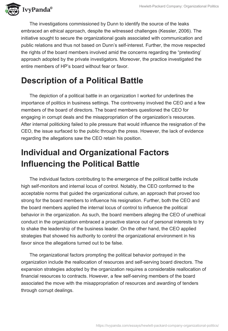 Hewlett-Packard Company: Organizational Politics. Page 4