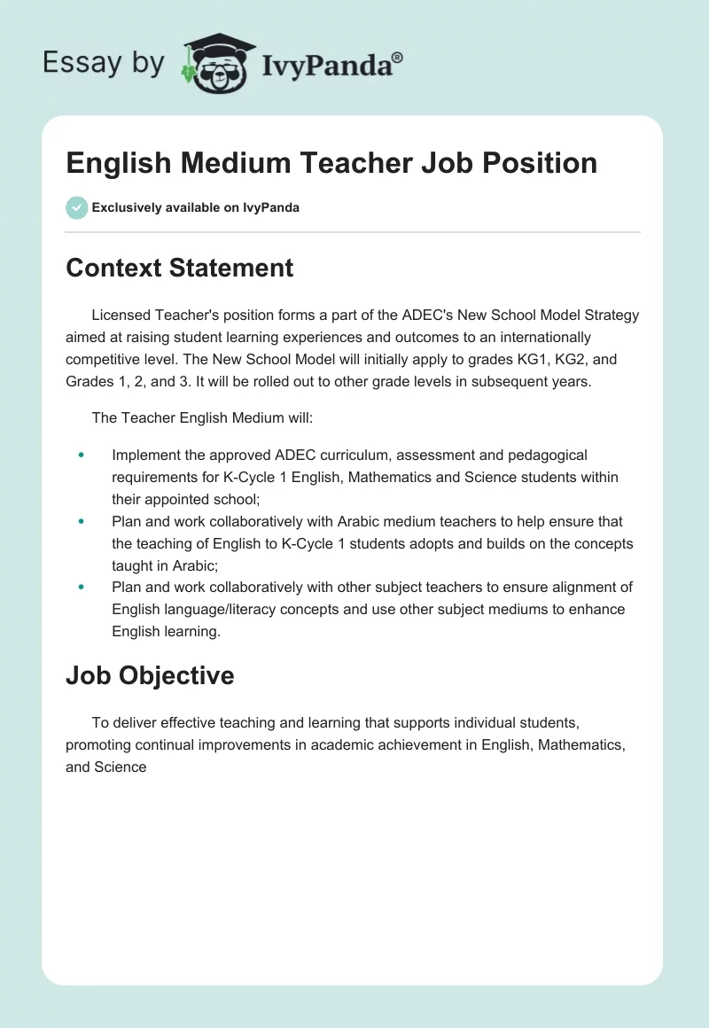 English Medium Teacher Job Position. Page 1