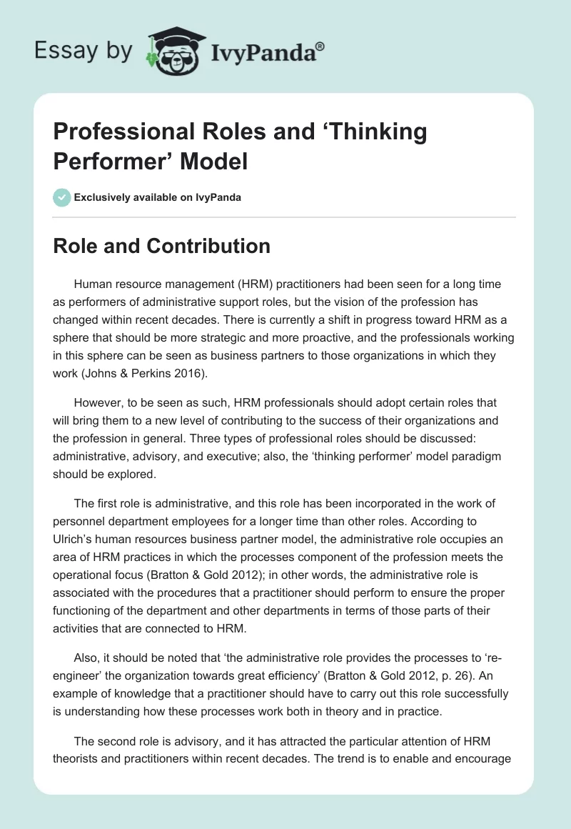 Professional Roles and ‘Thinking Performer’ Model. Page 1