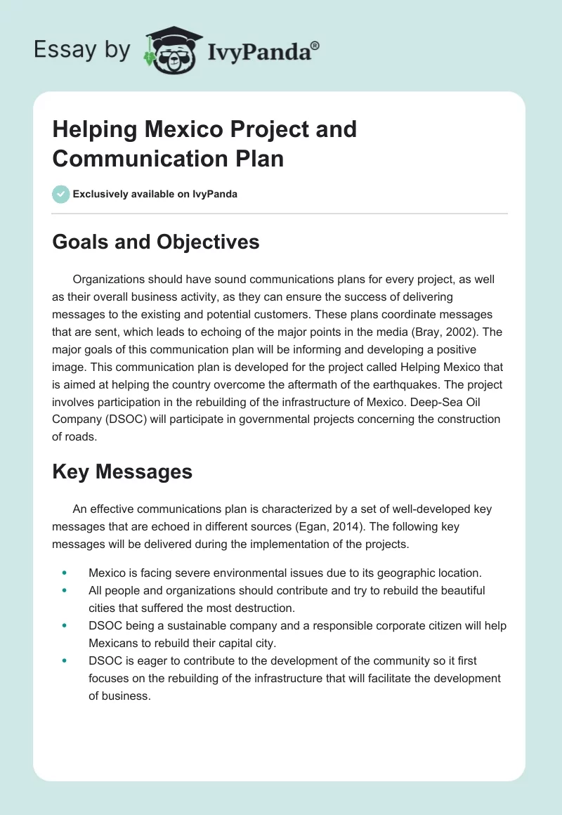 Helping Mexico Project and Communication Plan. Page 1