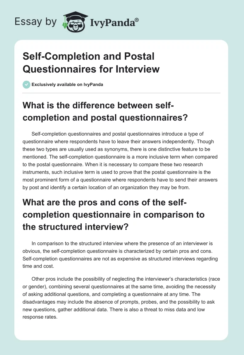 Self-Completion and Postal Questionnaires for Interview. Page 1