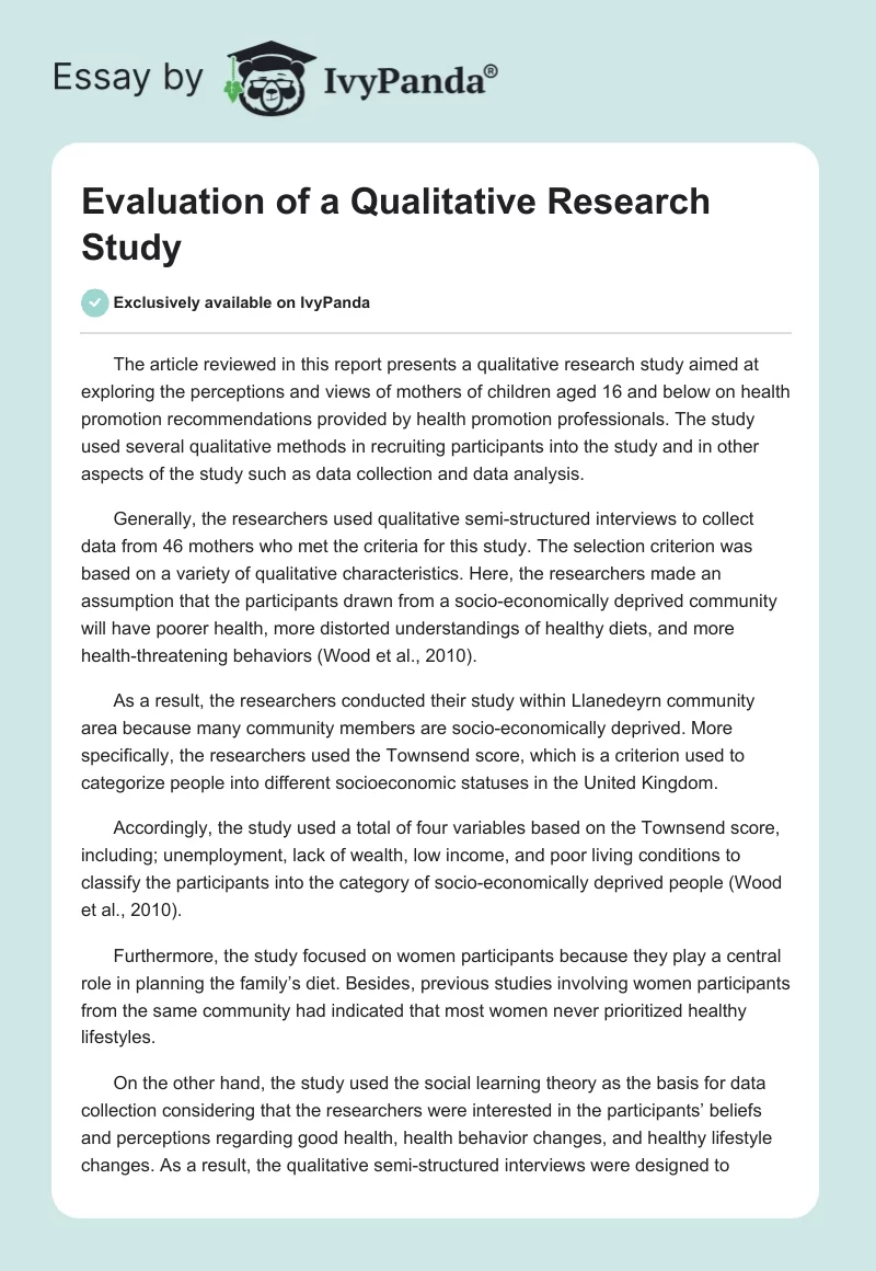 Evaluation of a Qualitative Research Study. Page 1