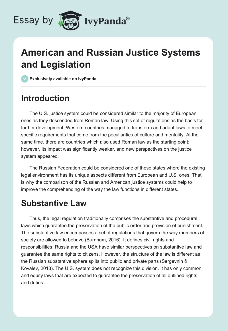 American and Russian Justice Systems and Legislation. Page 1