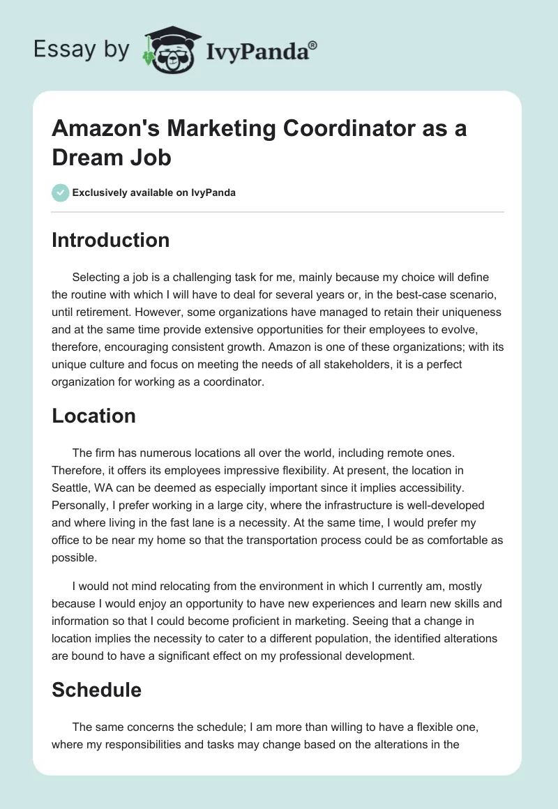 Amazon's Marketing Coordinator as a Dream Job. Page 1