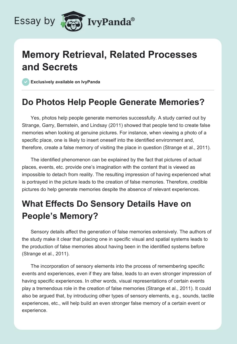Memory Retrieval, Related Processes and Secrets. Page 1