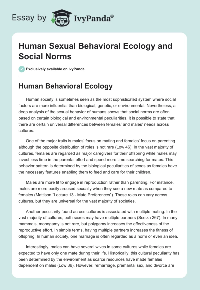 Human Sexual Behavioral Ecology and Social Norms. Page 1