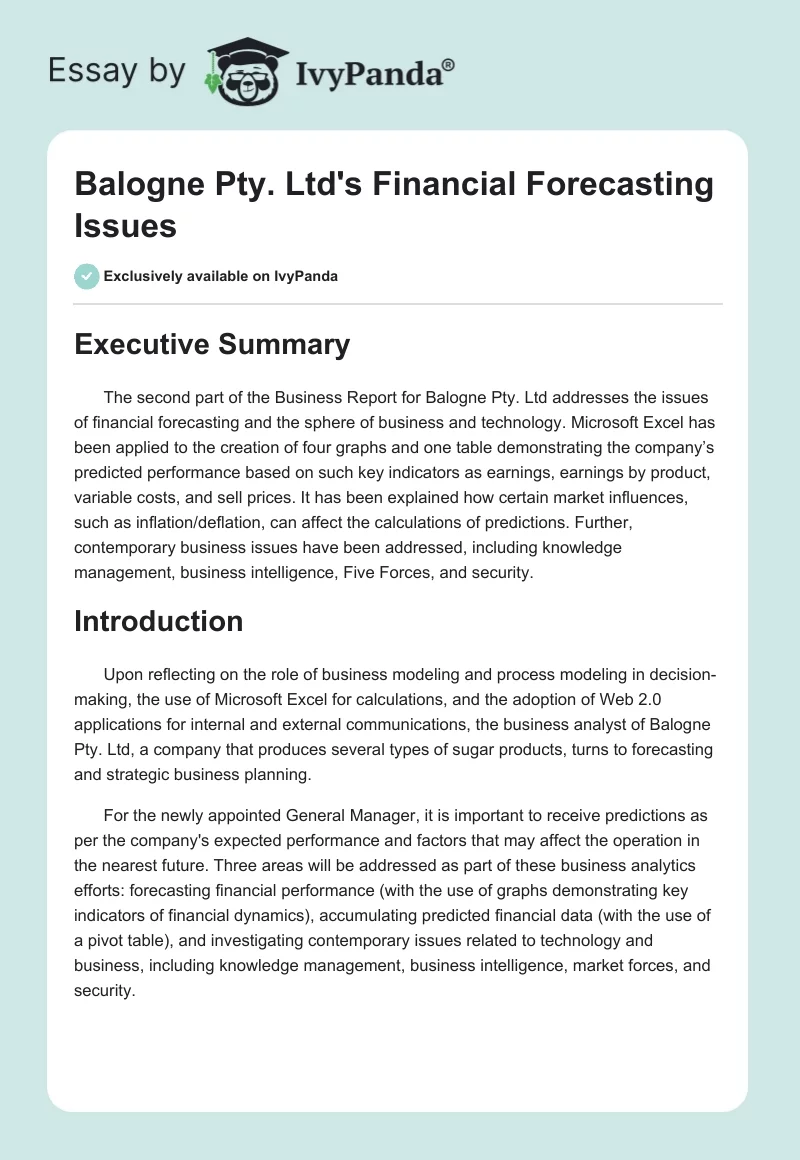 Balogne Pty. Ltd's Financial Forecasting Issues. Page 1