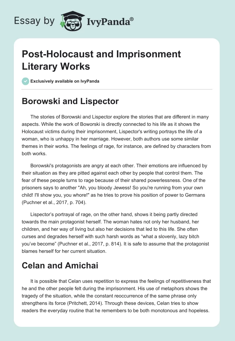 Post-Holocaust and Imprisonment Literary Works. Page 1