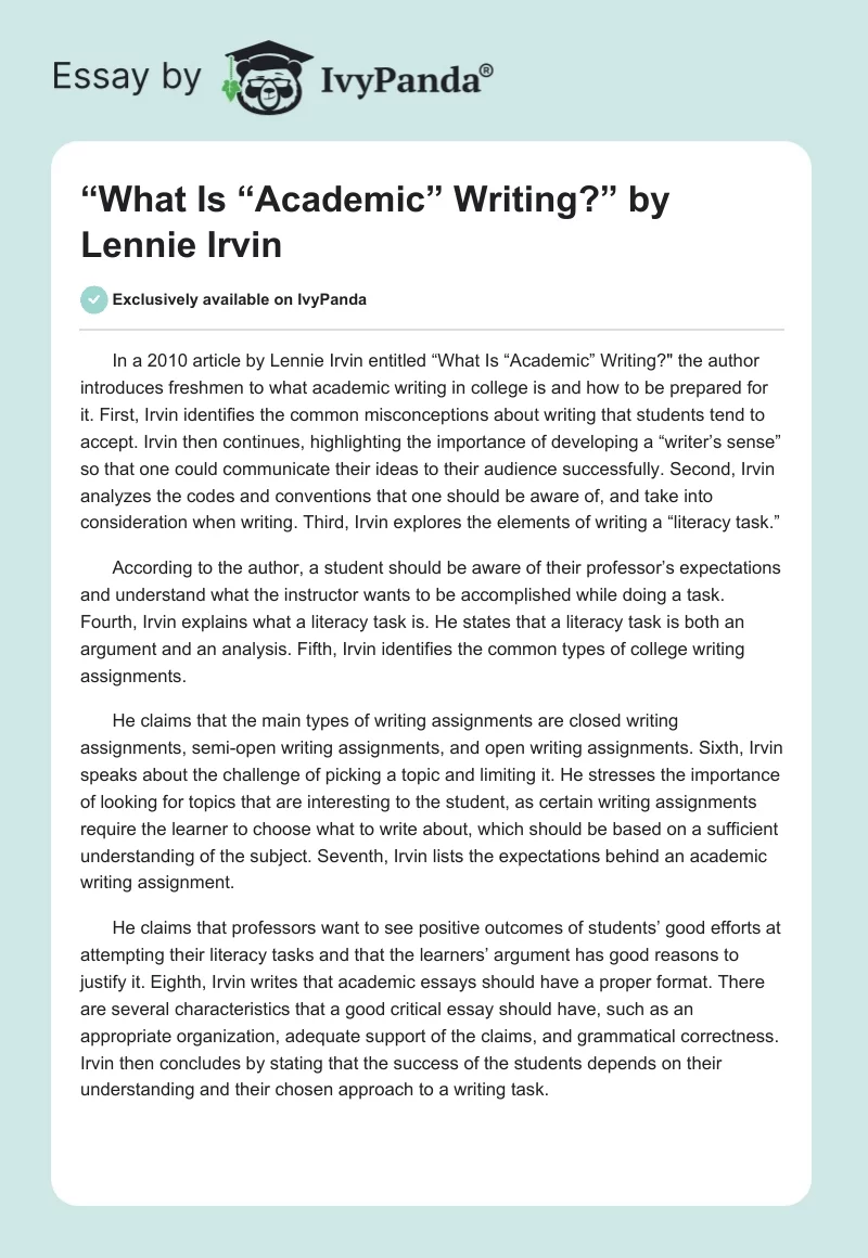 “What Is “Academic” Writing?” by Lennie Irvin. Page 1