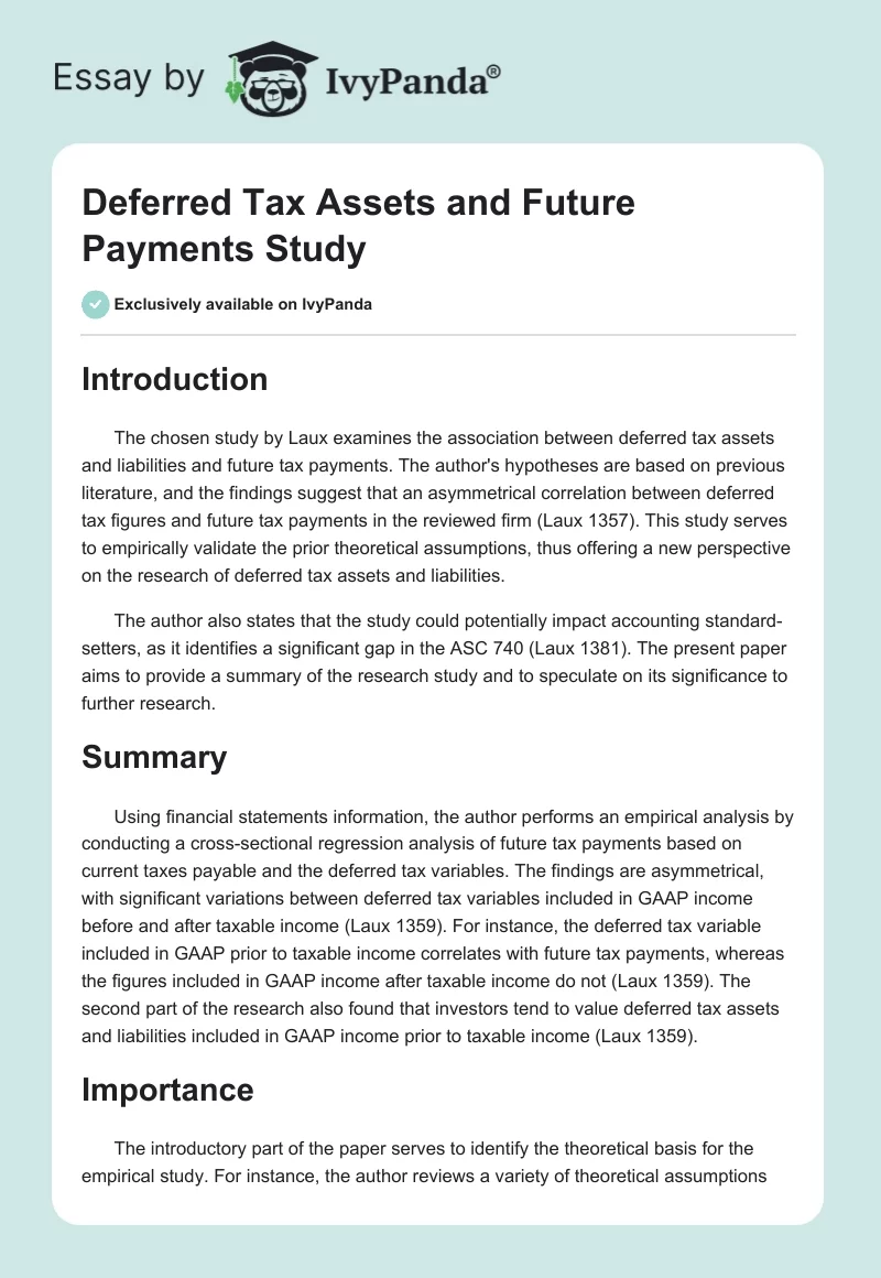 Deferred Tax Assets and Future Payments Study. Page 1