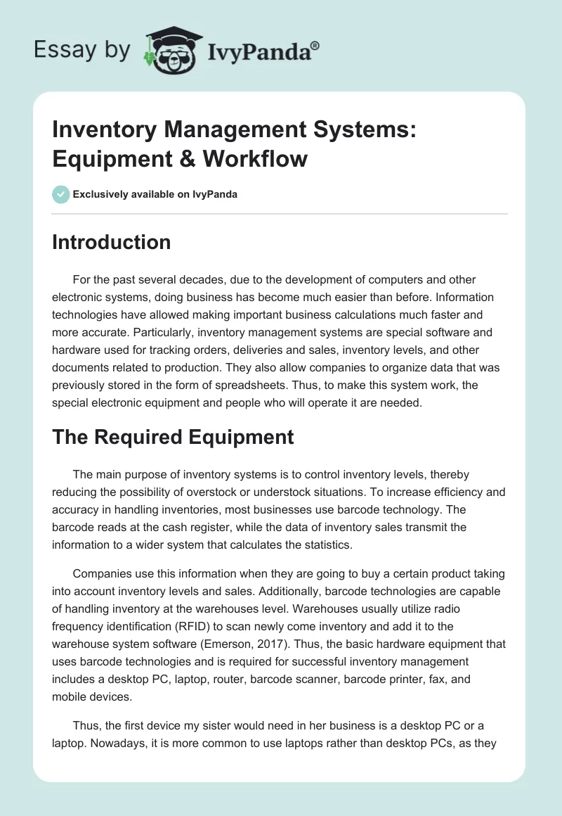 Inventory Management Systems: Equipment & Workflow. Page 1