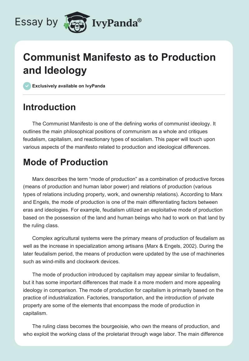 Communist Manifesto as to Production and Ideology. Page 1