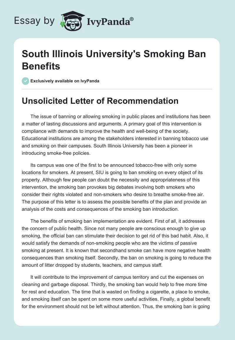 South Illinois University's Smoking Ban Benefits. Page 1