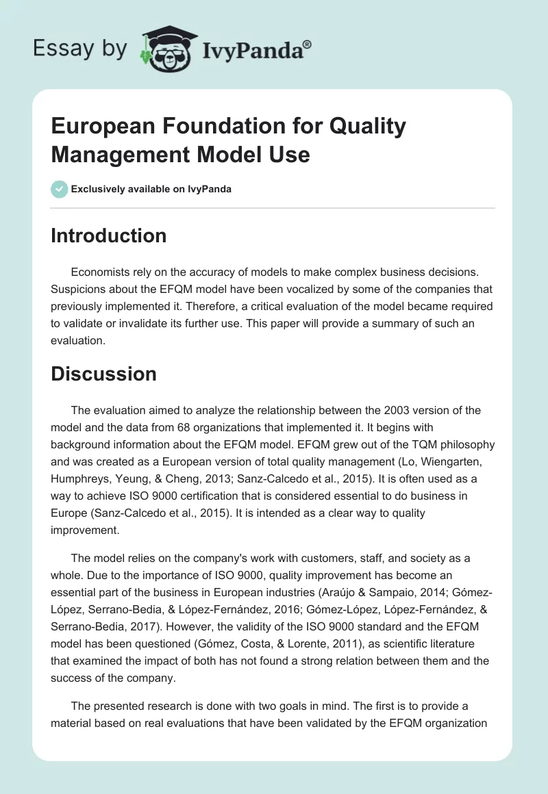 European Foundation for Quality Management Model Use. Page 1