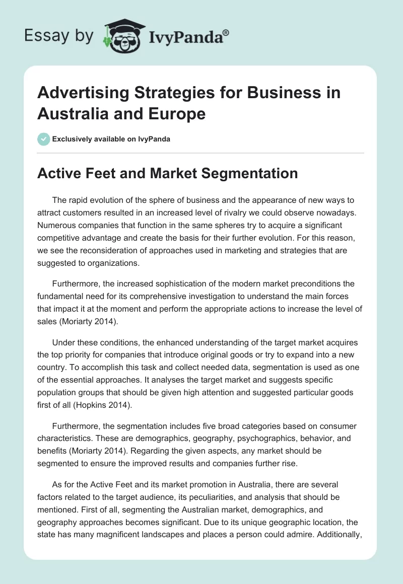 Advertising Strategies for Business in Australia and Europe. Page 1