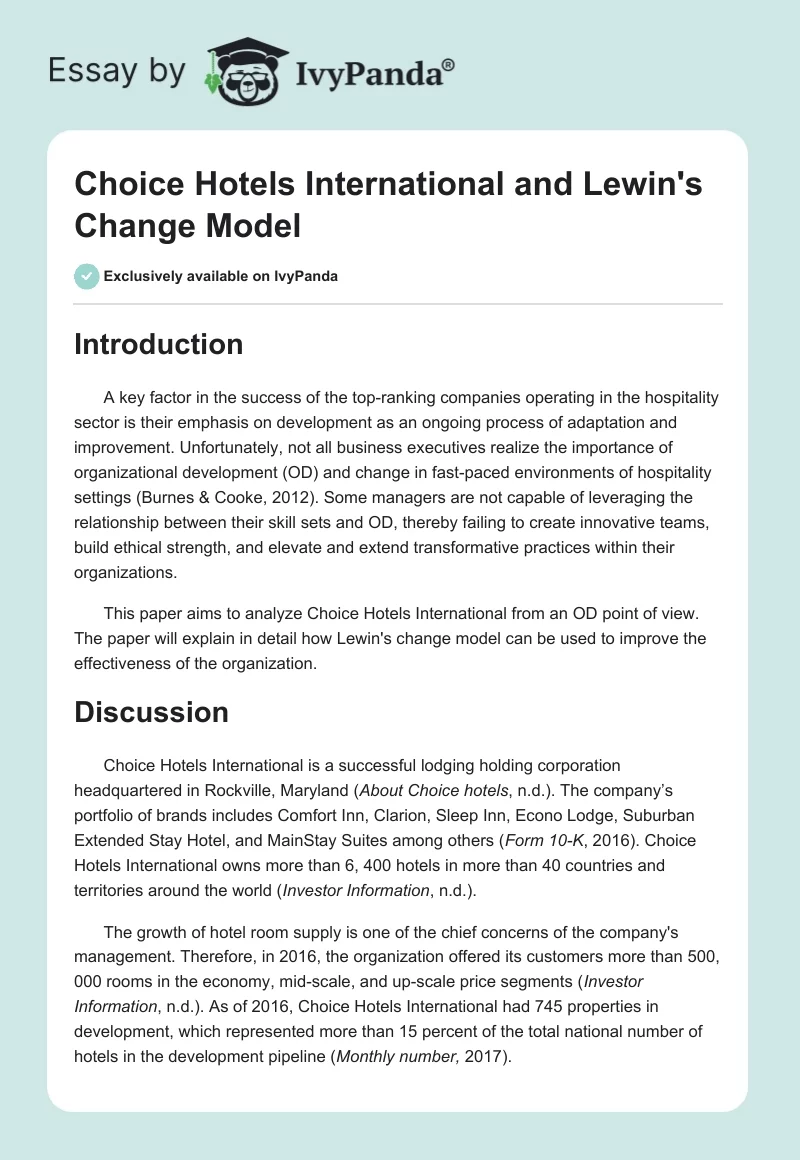 Choice Hotels International and Lewin's Change Model. Page 1
