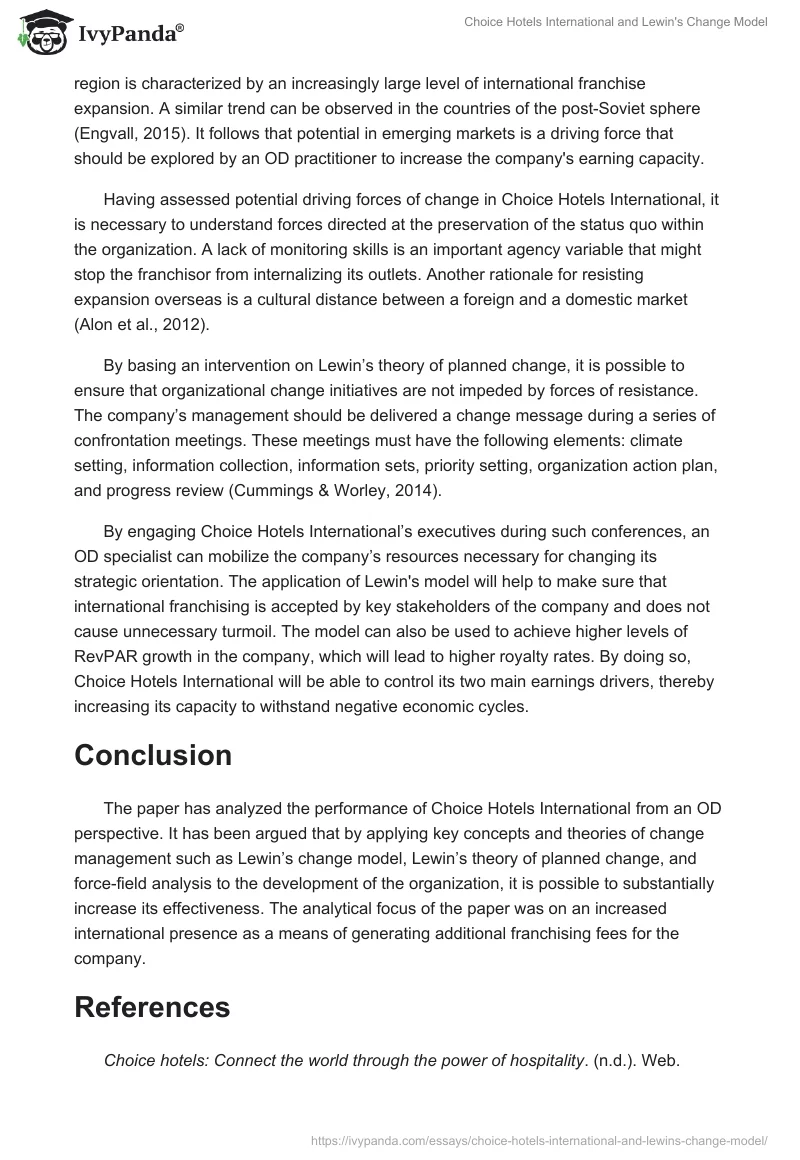 Choice Hotels International and Lewin's Change Model. Page 4
