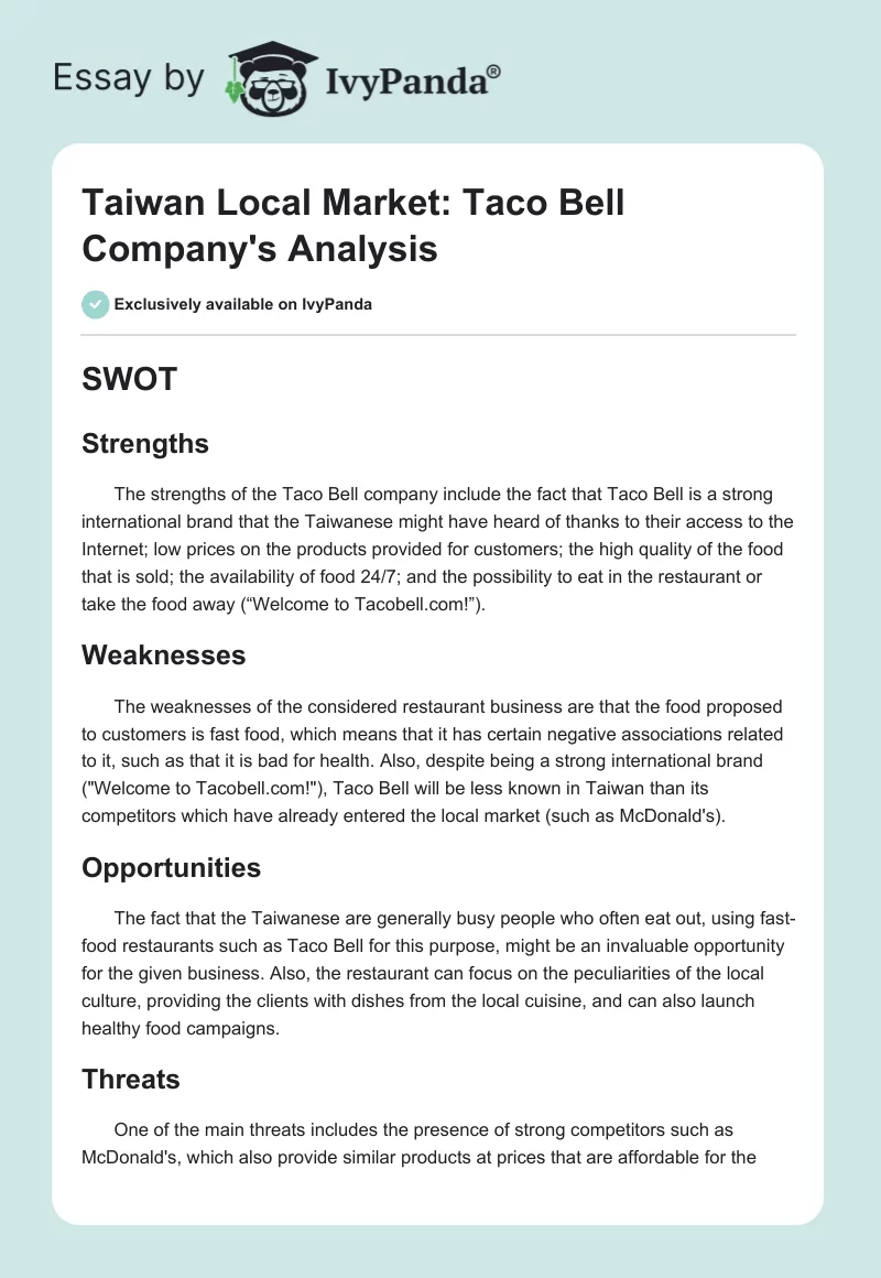 Taiwan Local Market: Taco Bell Company's Analysis. Page 1