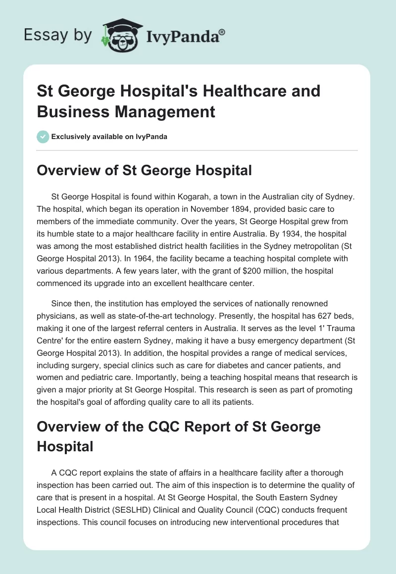 St George Hospital's Healthcare and Business Management. Page 1