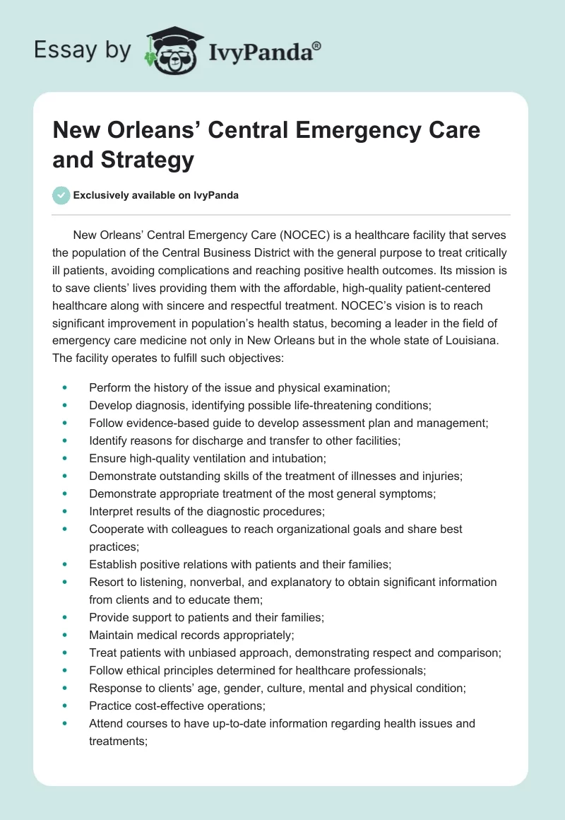 New Orleans’ Central Emergency Care and Strategy. Page 1