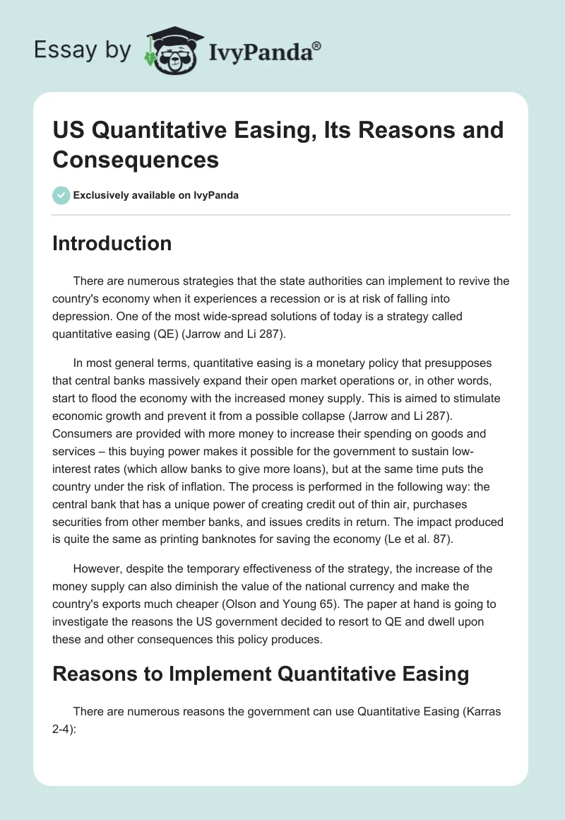 US Quantitative Easing, Its Reasons and Consequences. Page 1