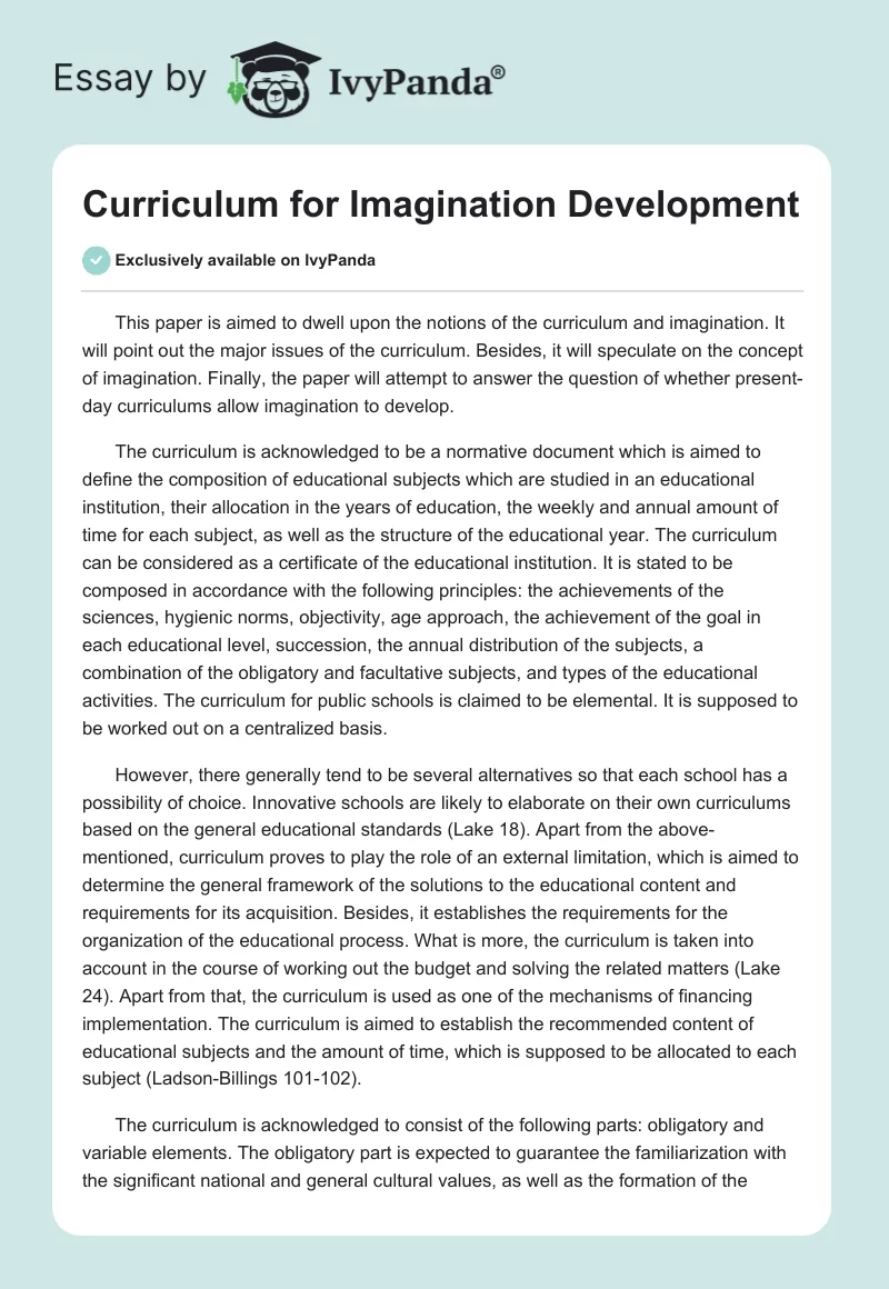 Curriculum for Imagination Development. Page 1