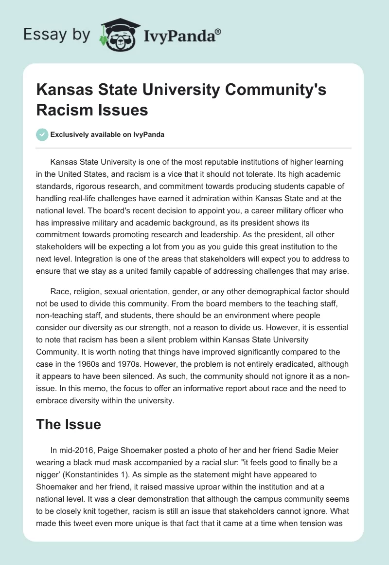 Kansas State University Community's Racism Issues. Page 1