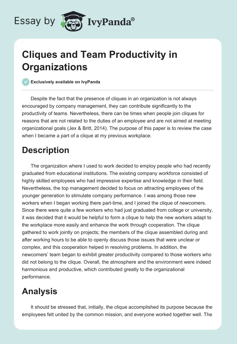 Cliques and Team Productivity in Organizations. Page 1