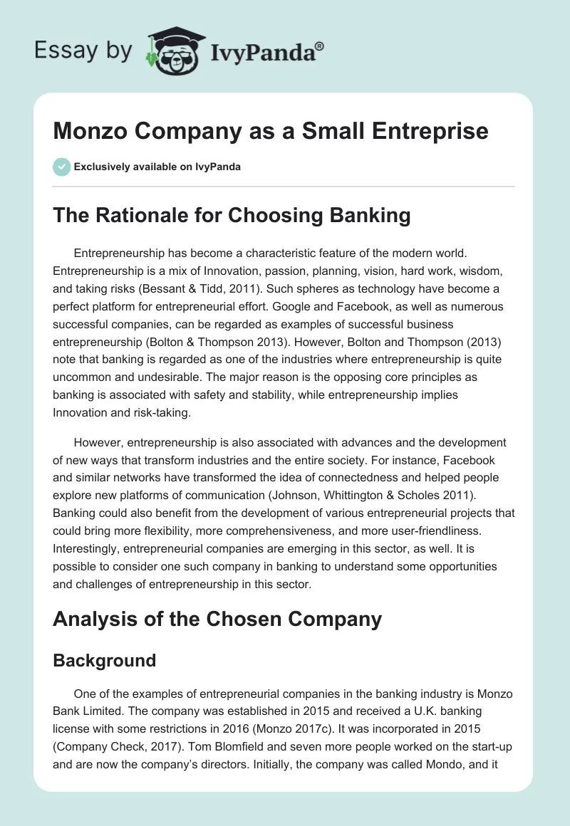 Monzo Company as a Small Entreprise. Page 1